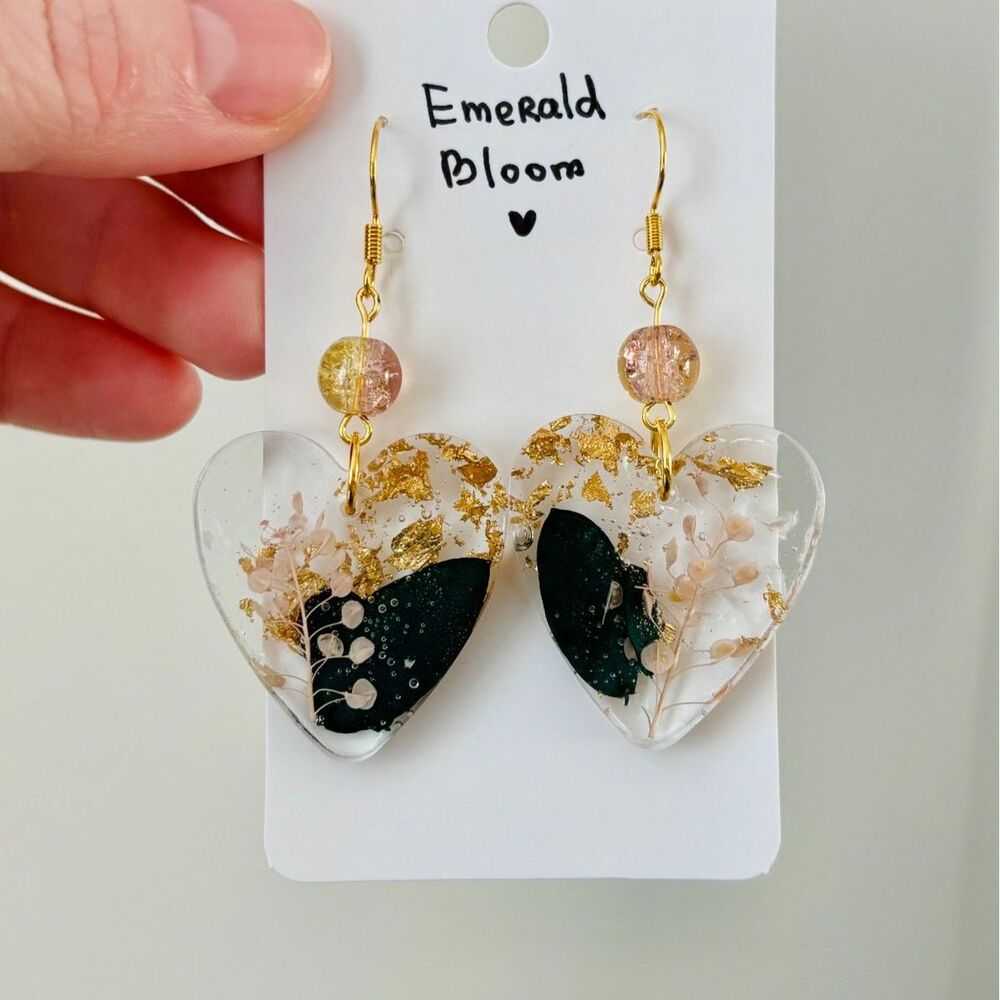 Dried Flower Heart Earrings with Gold Flakes and Green Botanical Detail